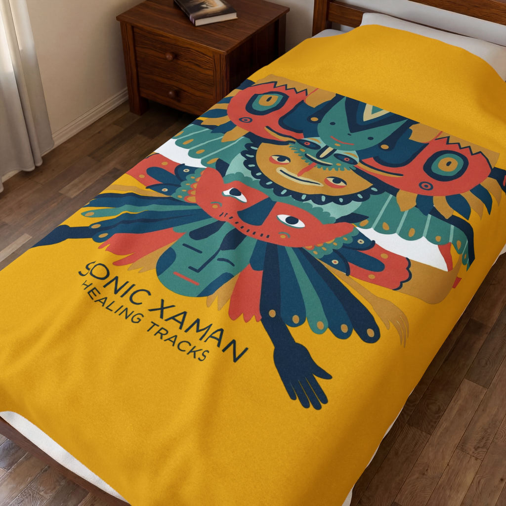 Velveteen Plush Blanket — Colorful Tribal Totem 'Sonic Xaman Healing Tracks' Throw