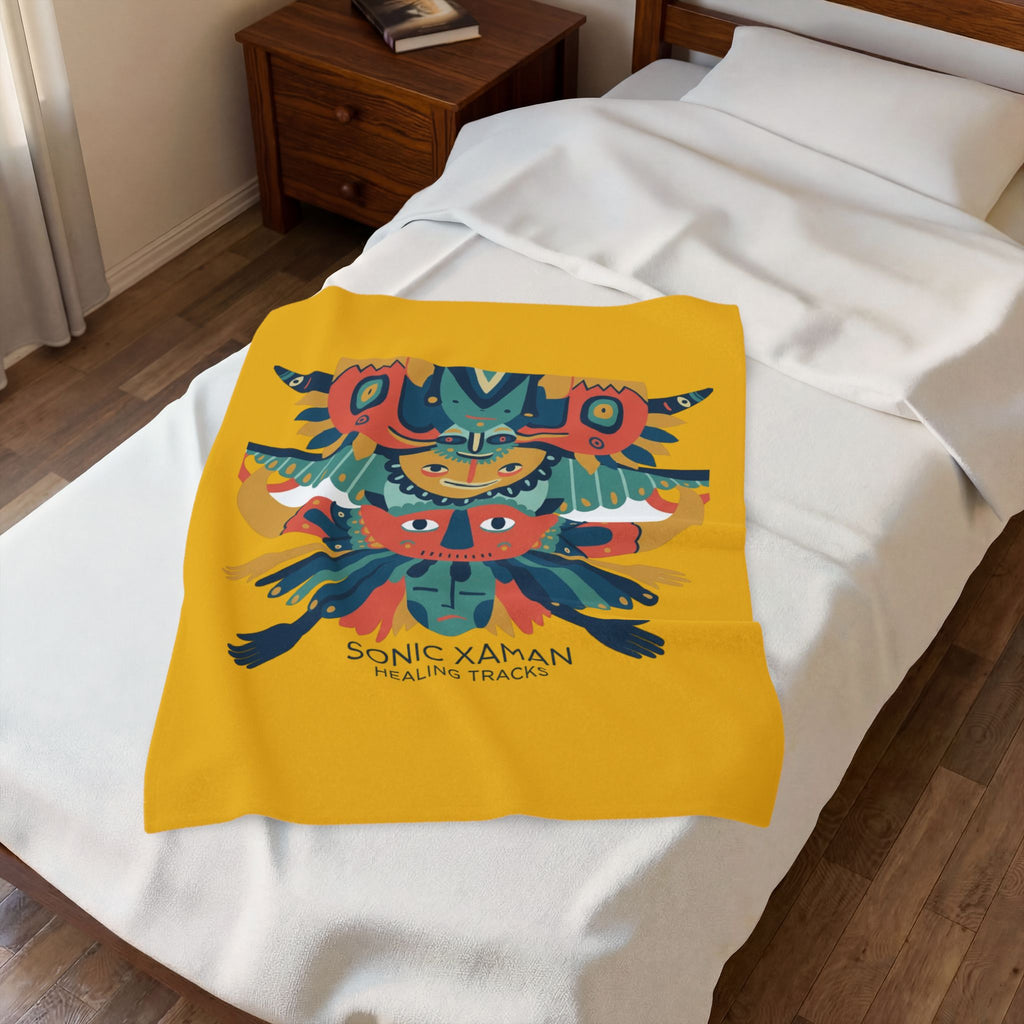 Velveteen Plush Blanket — Colorful Tribal Totem 'Sonic Xaman Healing Tracks' Throw