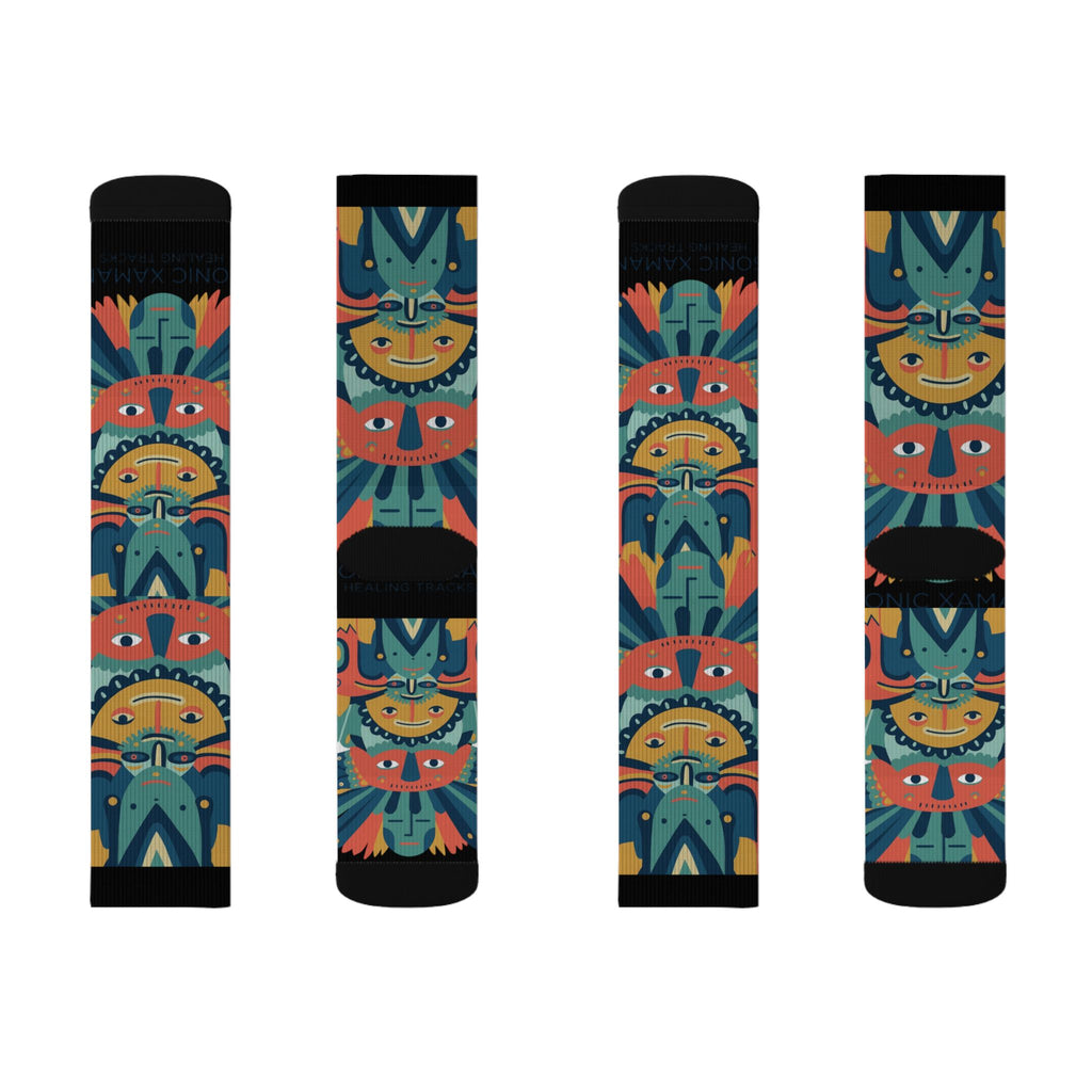 Colorful Tribal Mask Sublimation Socks — Vibrant Patterned Crew Socks