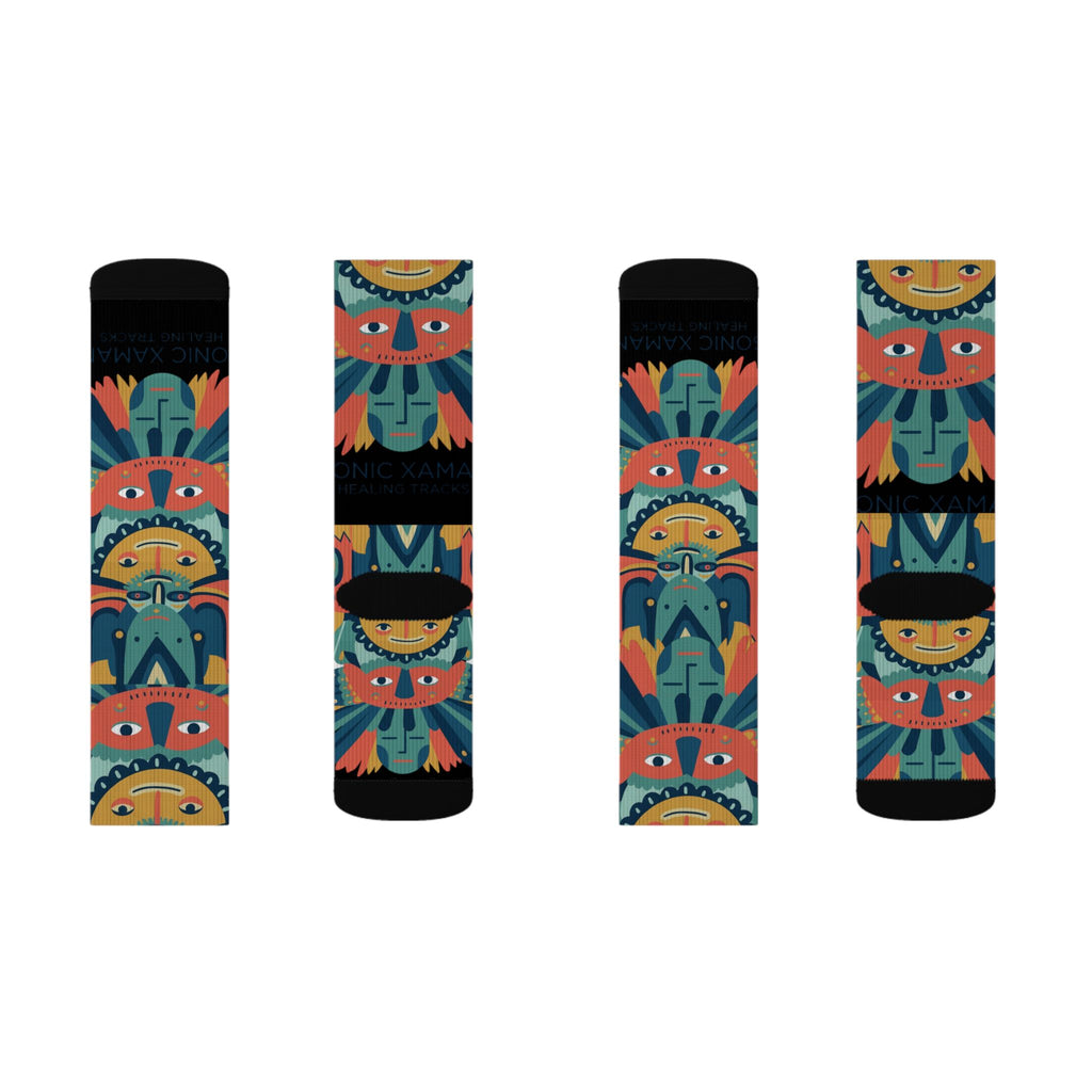 Colorful Tribal Mask Sublimation Socks — Vibrant Patterned Crew Socks