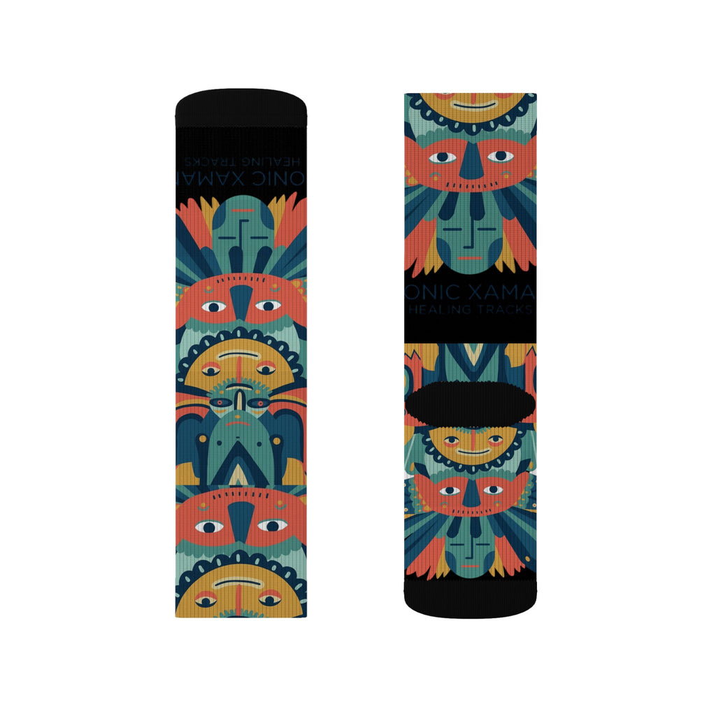 Colorful Tribal Mask Sublimation Socks — Vibrant Patterned Crew Socks