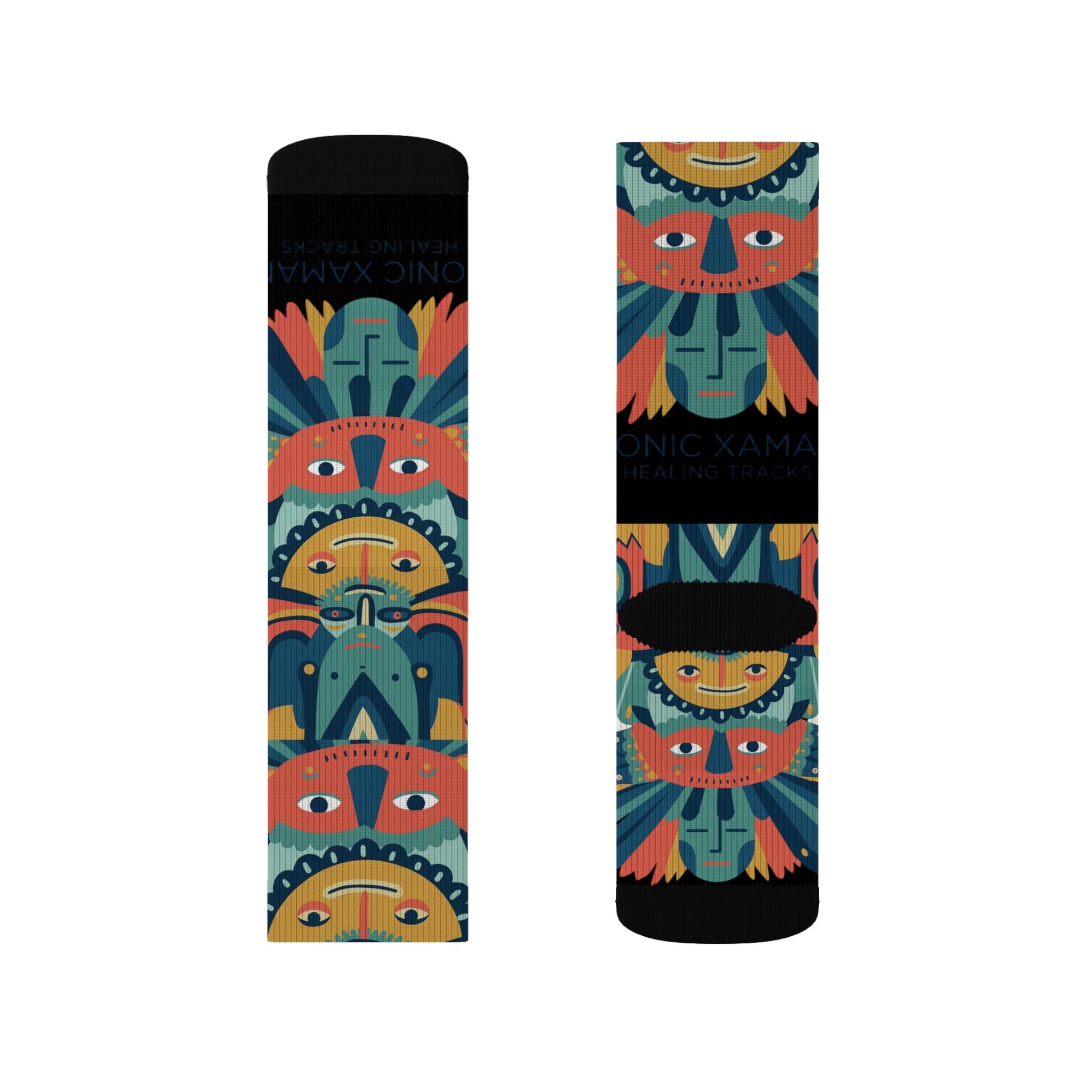 Colorful Tribal Mask Sublimation Socks — Vibrant Patterned Crew Socks