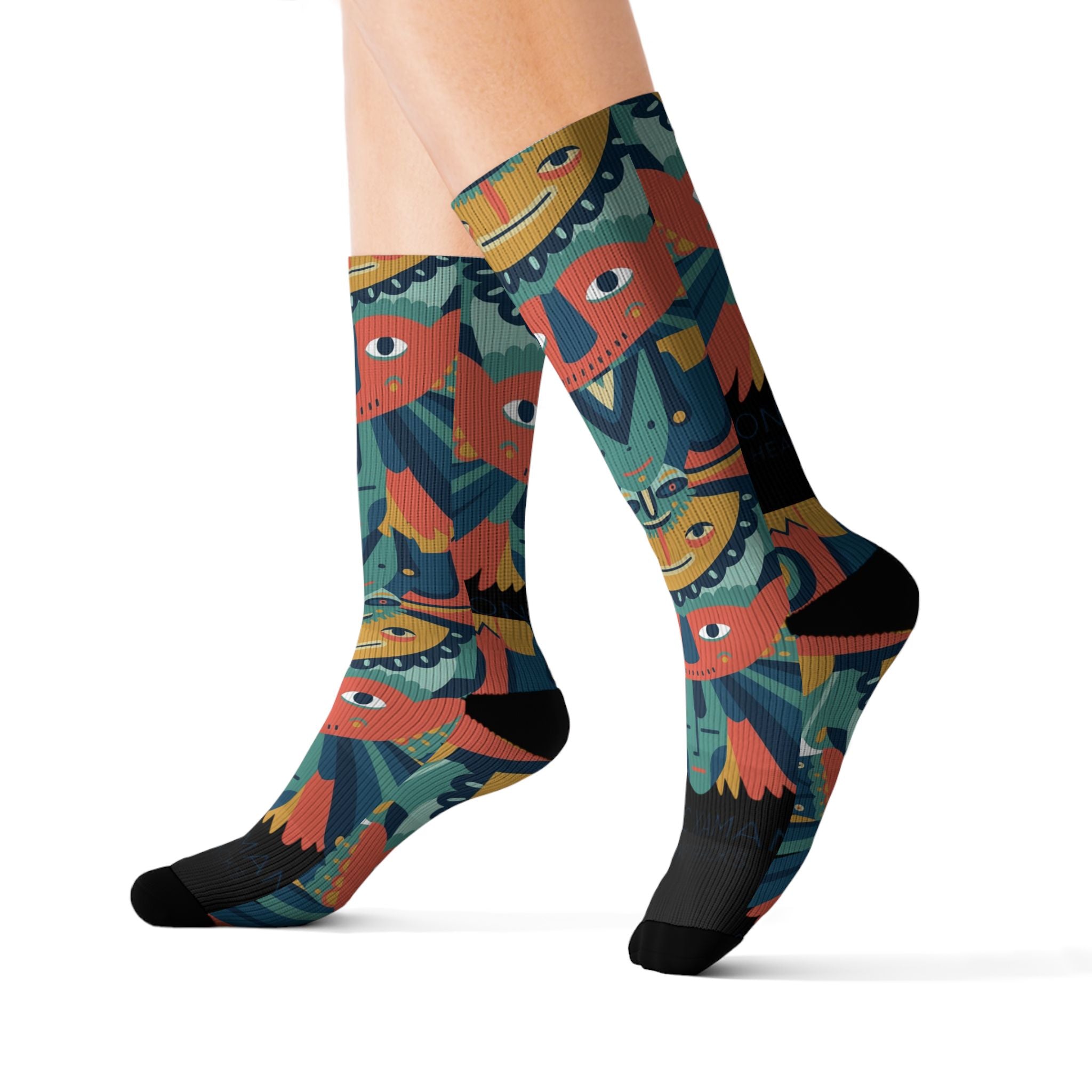 Colorful Tribal Mask Sublimation Socks — Vibrant Patterned Crew Socks