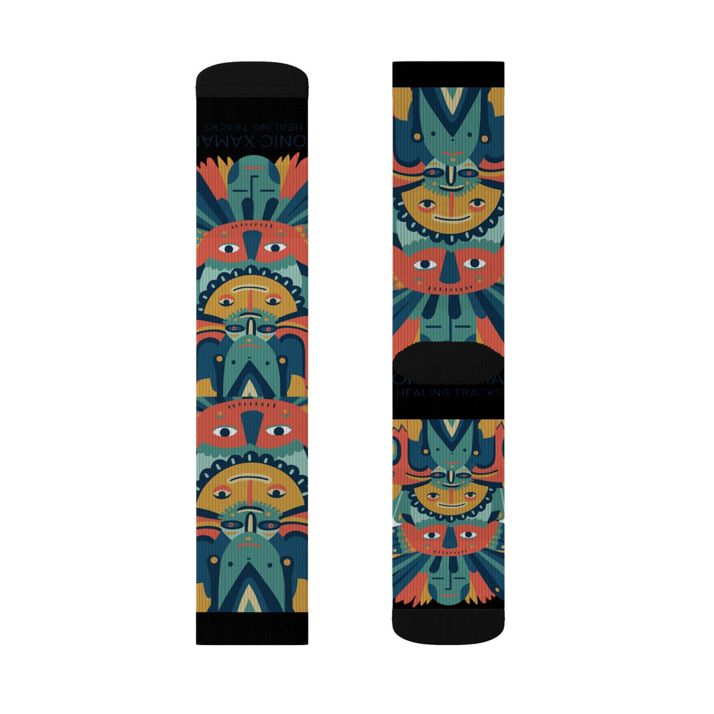 Colorful Tribal Mask Sublimation Socks — Vibrant Patterned Crew Socks