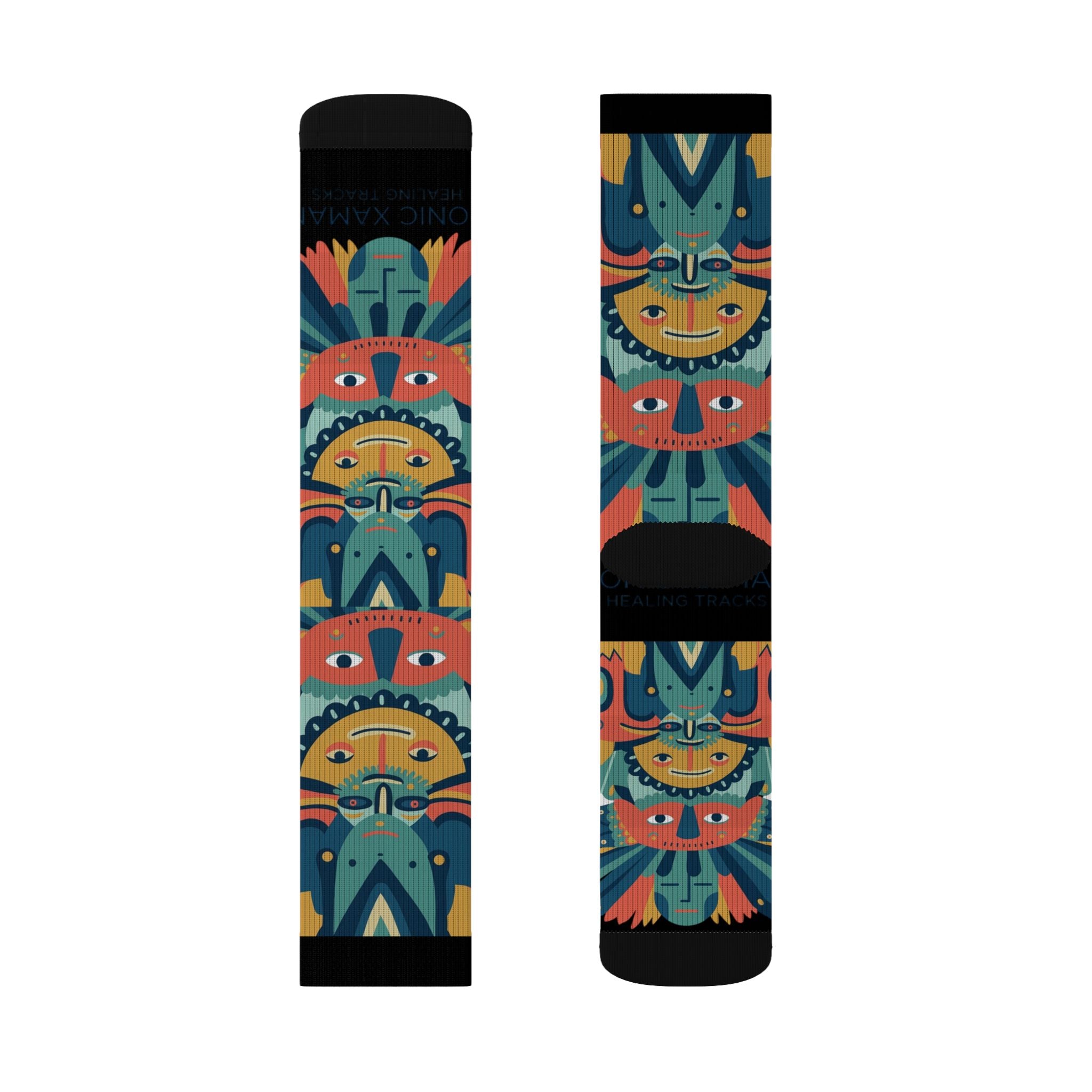 Colorful Tribal Mask Sublimation Socks — Vibrant Patterned Crew Socks