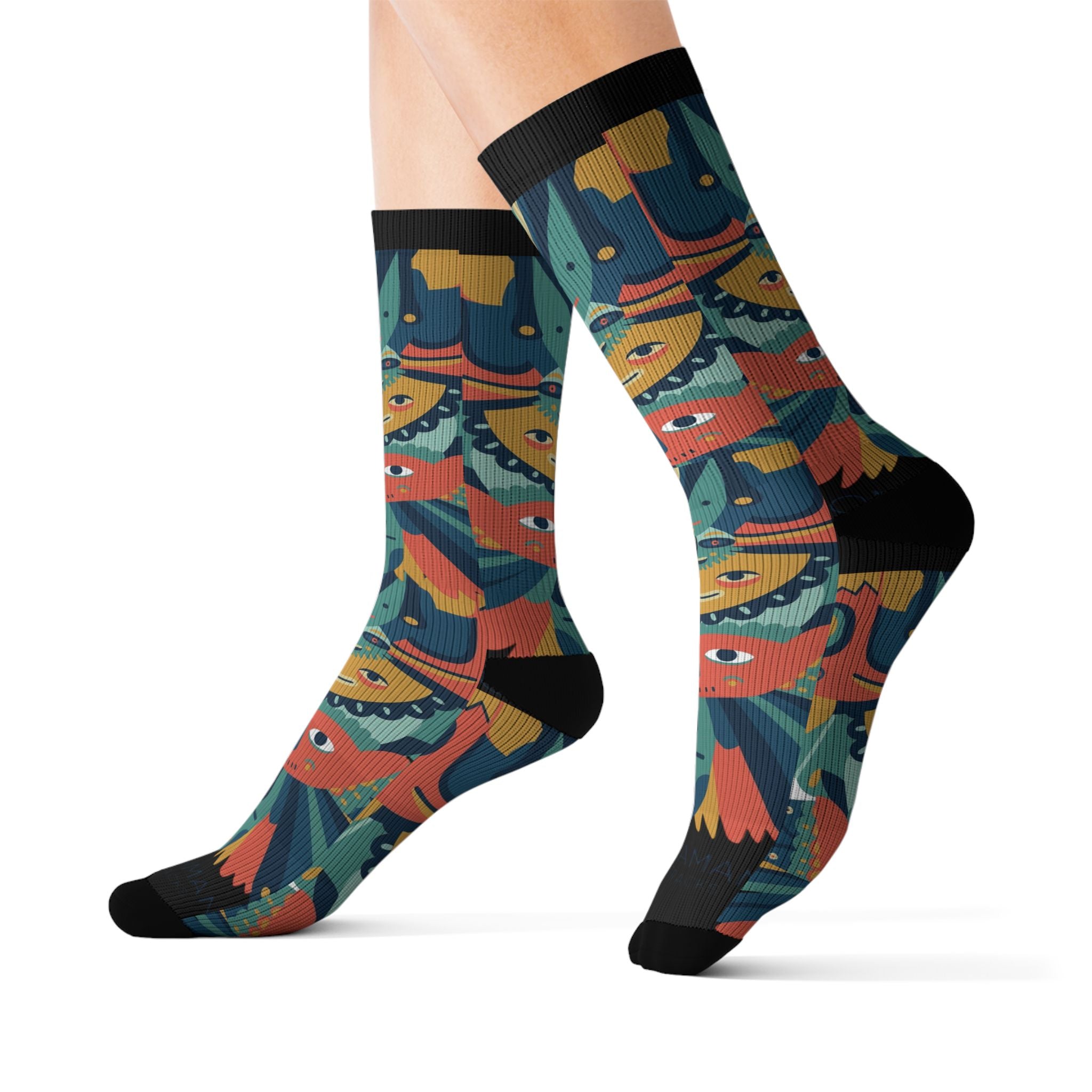Colorful Tribal Mask Sublimation Socks — Vibrant Patterned Crew Socks