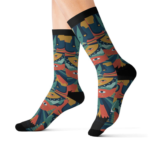 Colorful Tribal Mask Sublimation Socks — Vibrant Patterned Crew Socks