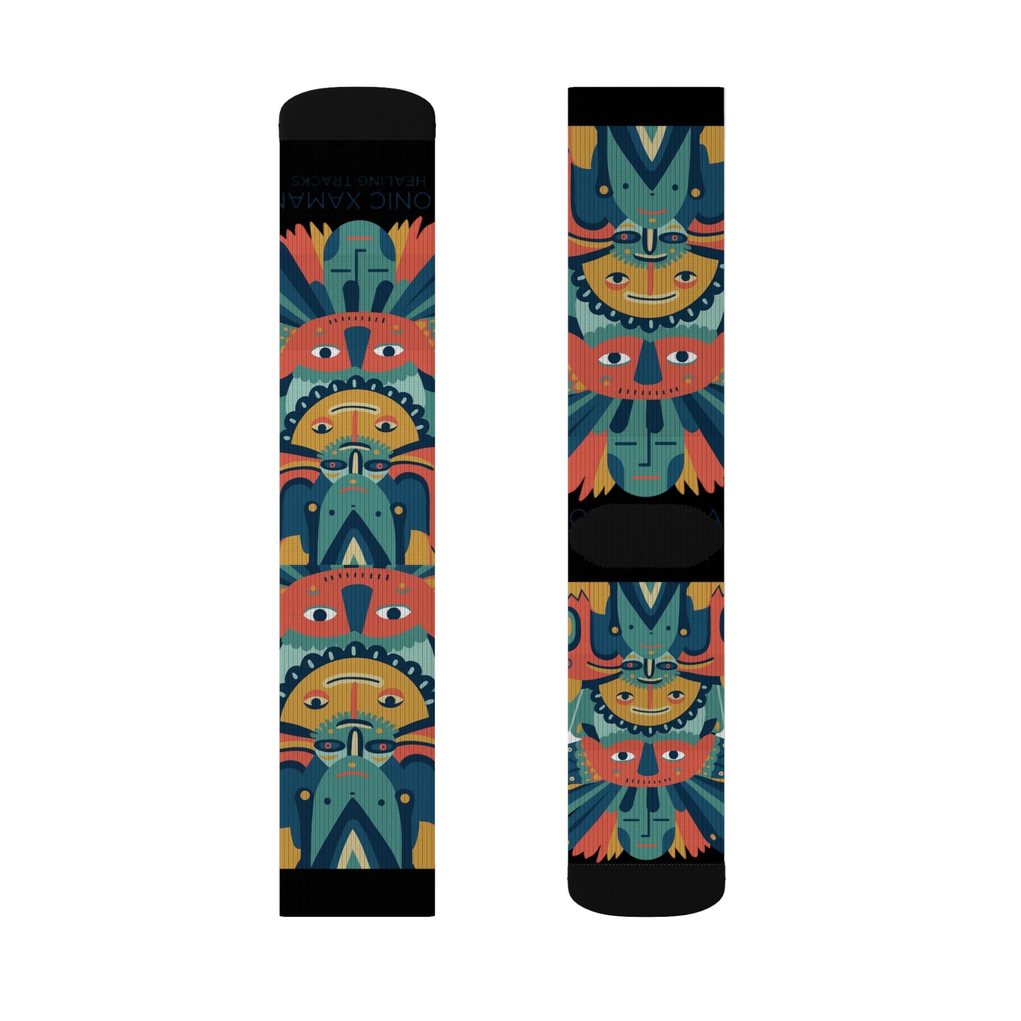 Colorful Tribal Mask Sublimation Socks — Vibrant Patterned Crew Socks