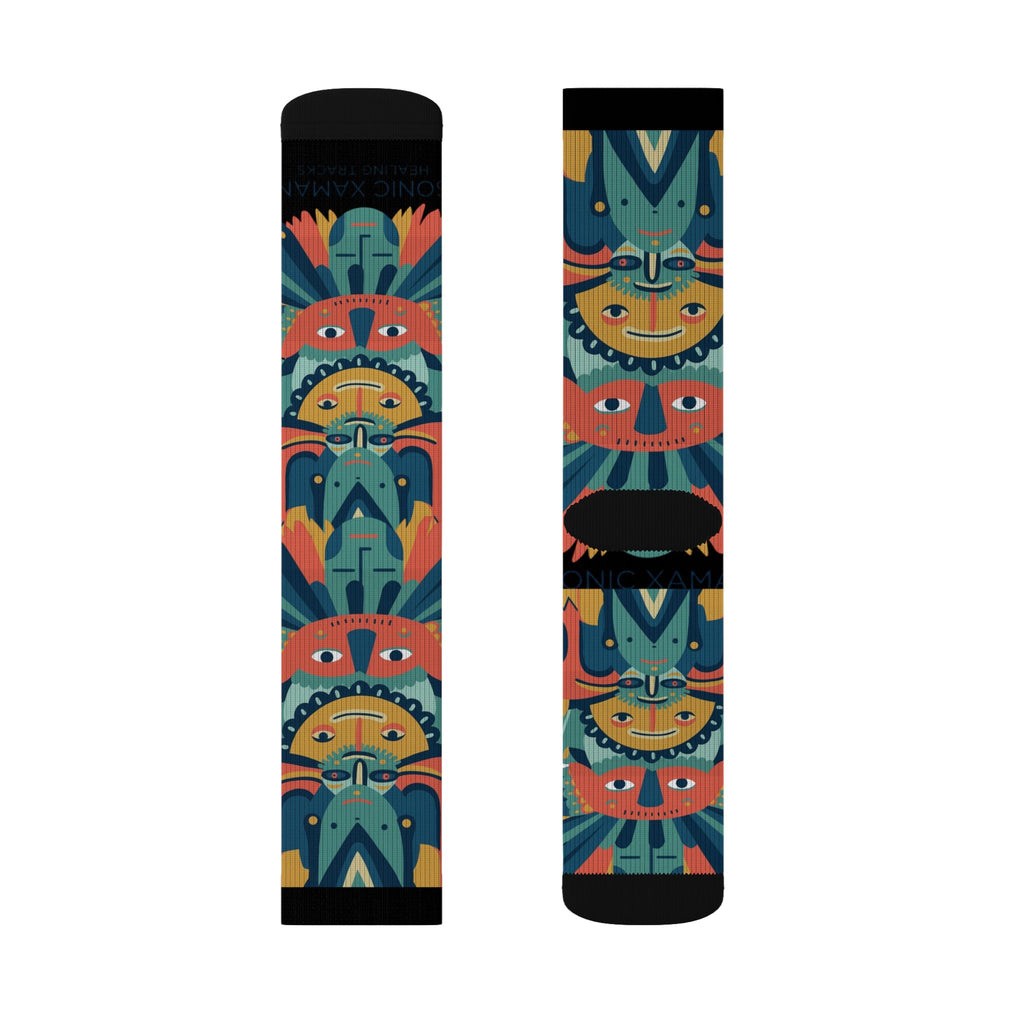 Colorful Tribal Mask Sublimation Socks — Vibrant Patterned Crew Socks