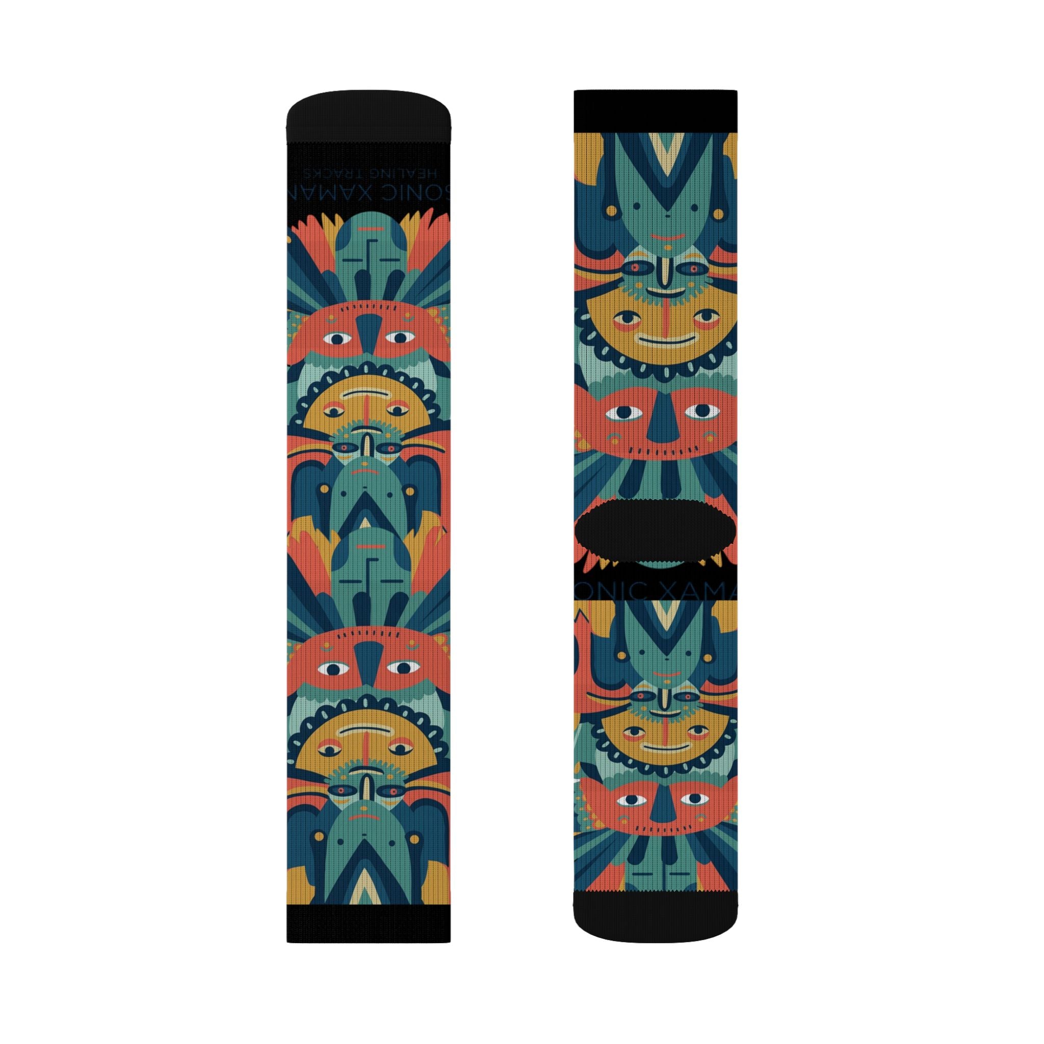 Colorful Tribal Mask Sublimation Socks — Vibrant Patterned Crew Socks