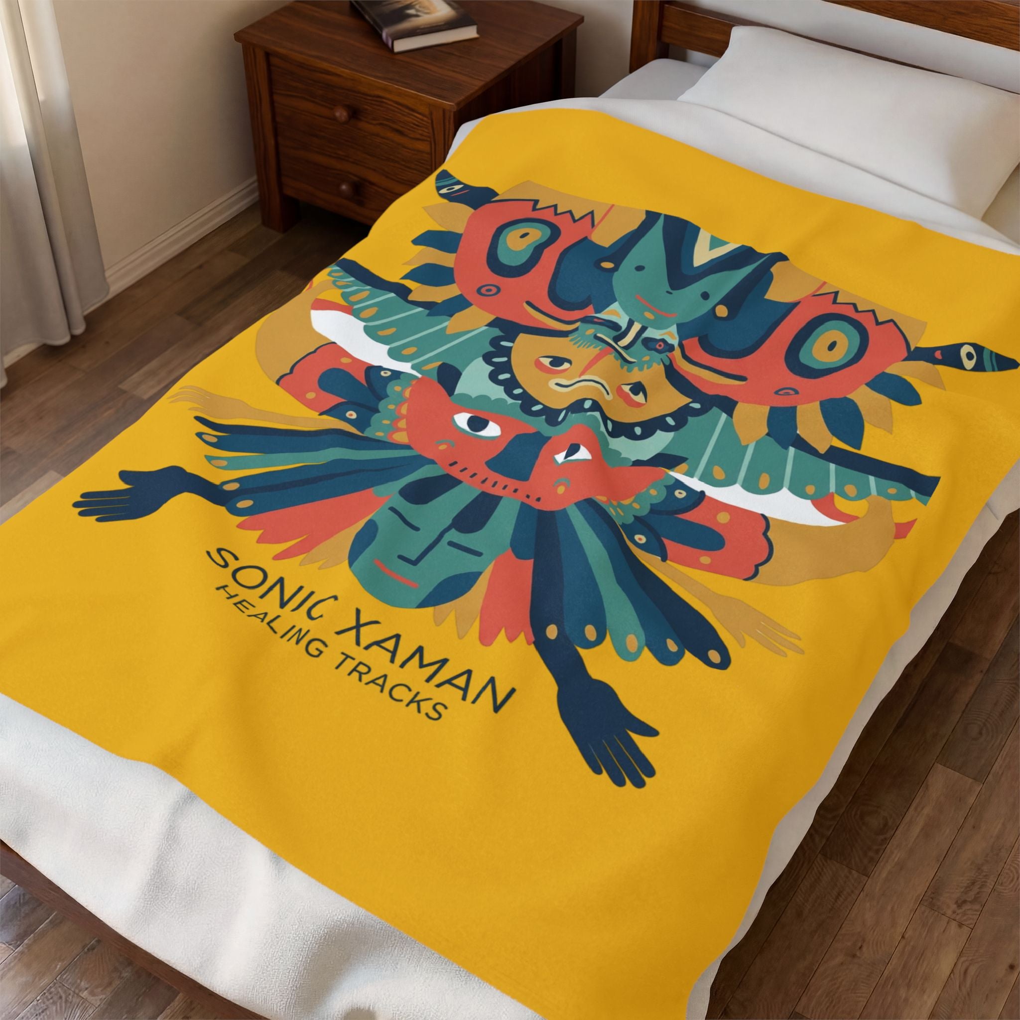Velveteen Plush Blanket — Colorful Tribal Totem 'Sonic Xaman Healing Tracks' Throw