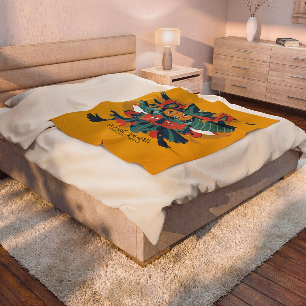 Velveteen Plush Blanket — Colorful Tribal Totem 'Sonic Xaman Healing Tracks' Throw