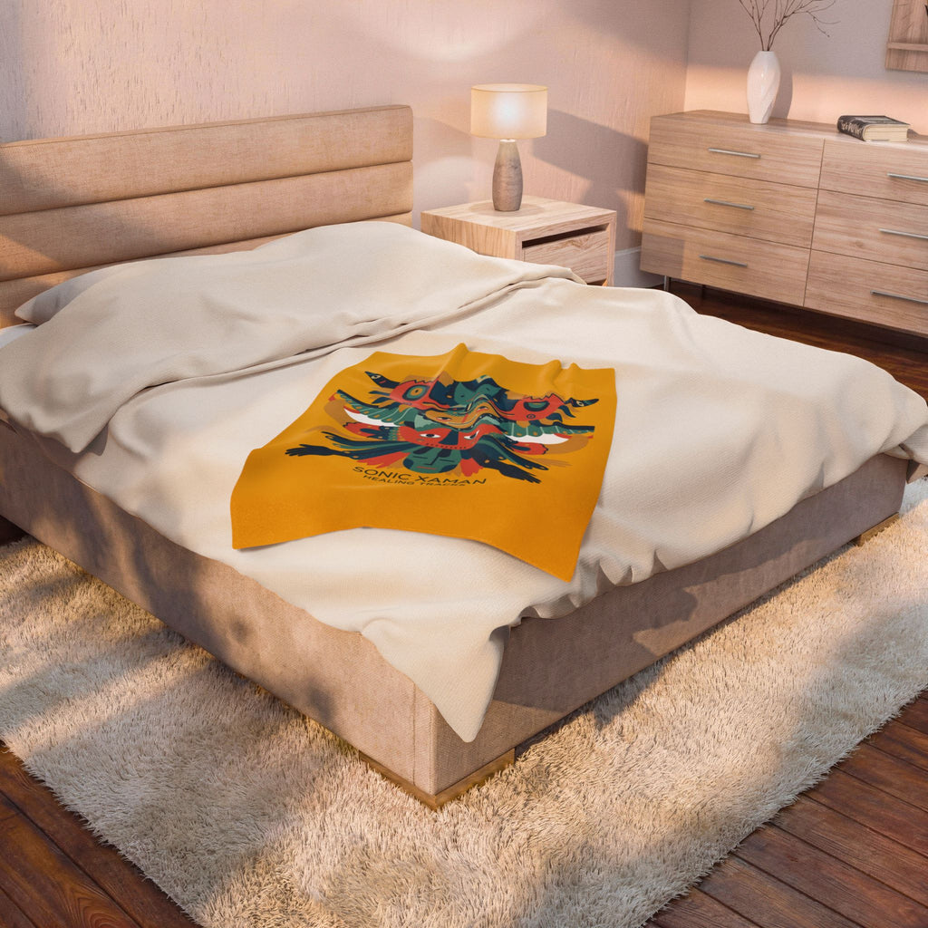 Velveteen Plush Blanket — Colorful Tribal Totem 'Sonic Xaman Healing Tracks' Throw