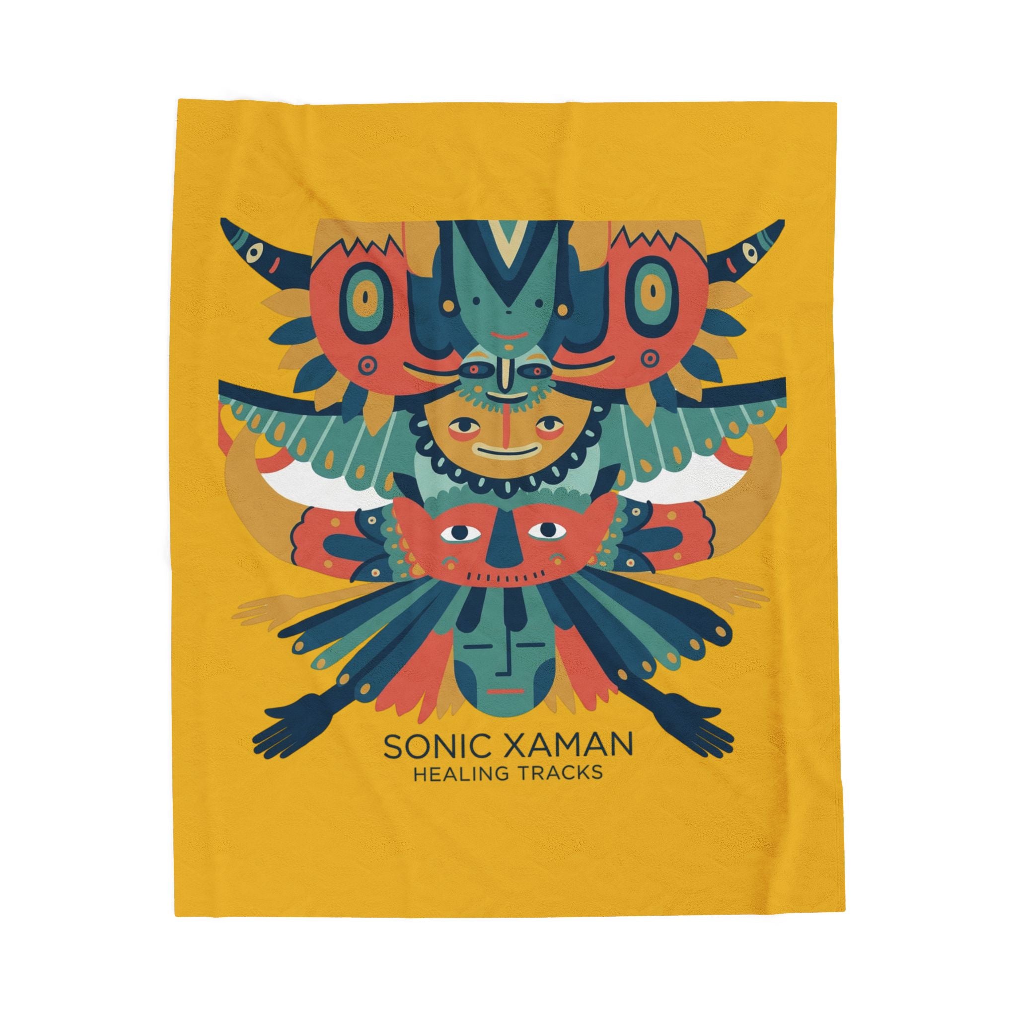 Velveteen Plush Blanket — Colorful Tribal Totem 'Sonic Xaman Healing Tracks' Throw