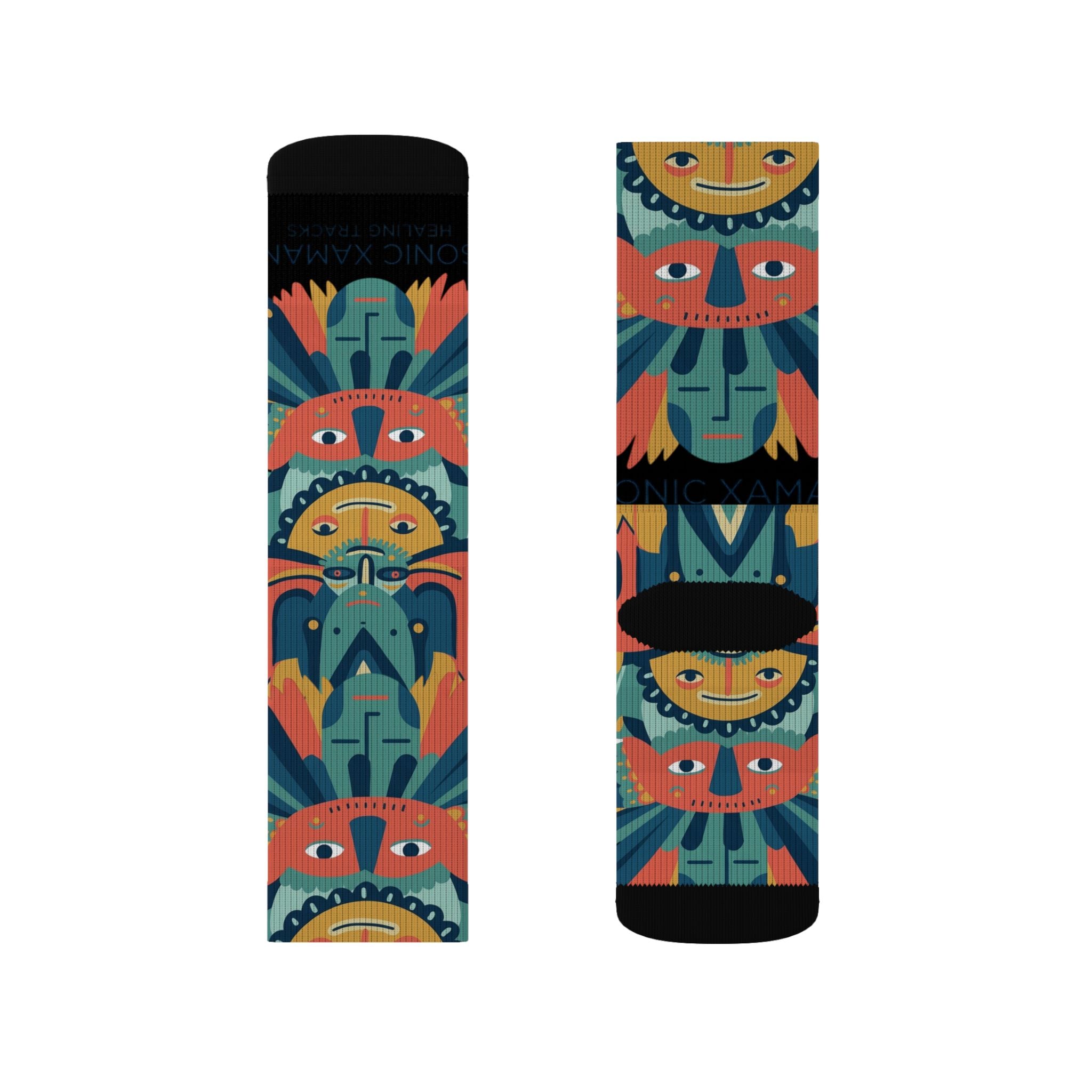 Colorful Tribal Mask Sublimation Socks — Vibrant Patterned Crew Socks