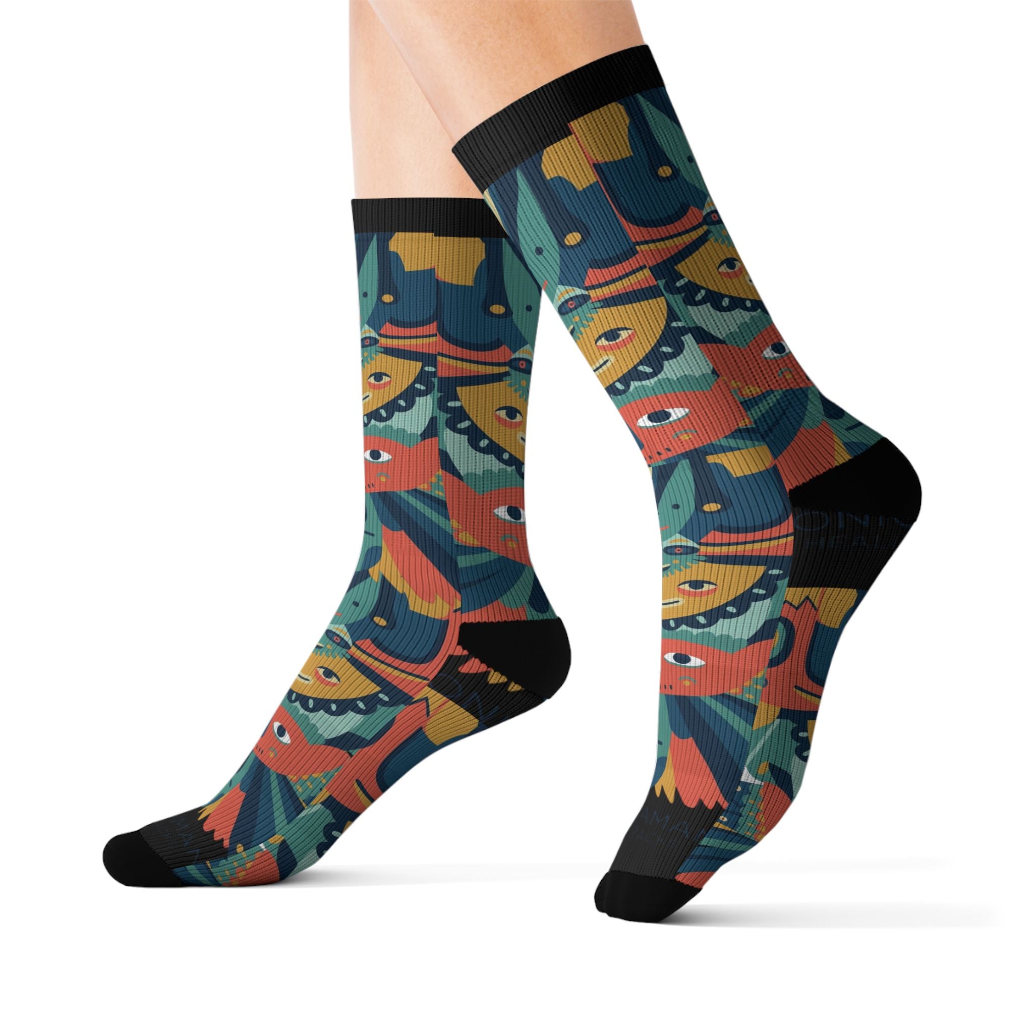 Colorful Tribal Mask Sublimation Socks — Vibrant Patterned Crew Socks