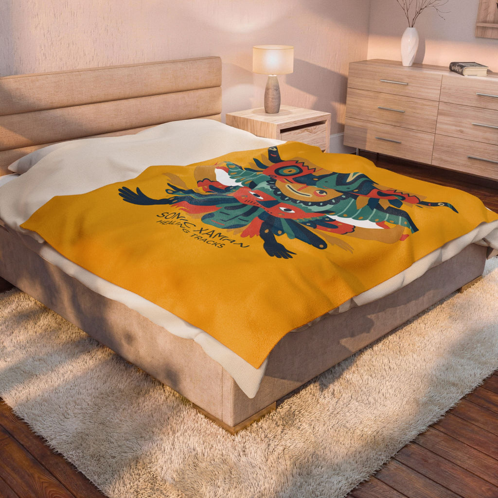 Velveteen Plush Blanket — Colorful Tribal Totem 'Sonic Xaman Healing Tracks' Throw