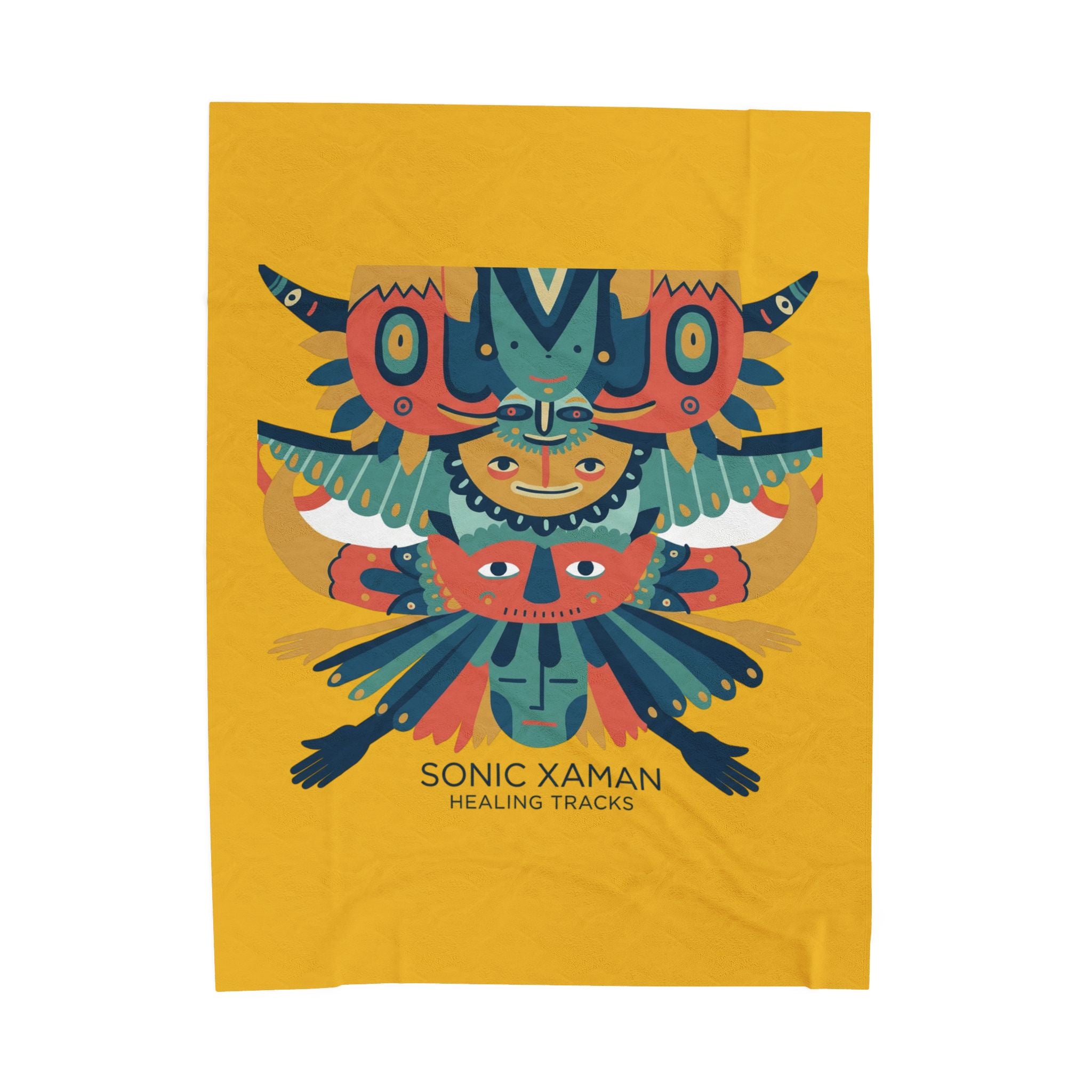 Velveteen Plush Blanket — Colorful Tribal Totem 'Sonic Xaman Healing Tracks' Throw