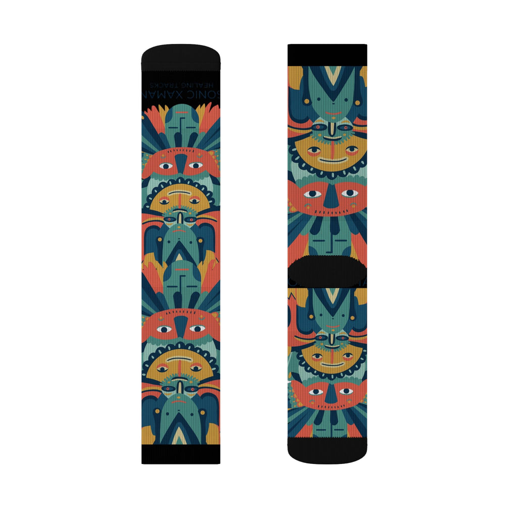 Colorful Tribal Mask Sublimation Socks — Vibrant Patterned Crew Socks