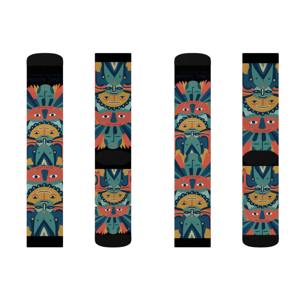 Colorful Tribal Mask Sublimation Socks — Vibrant Patterned Crew Socks