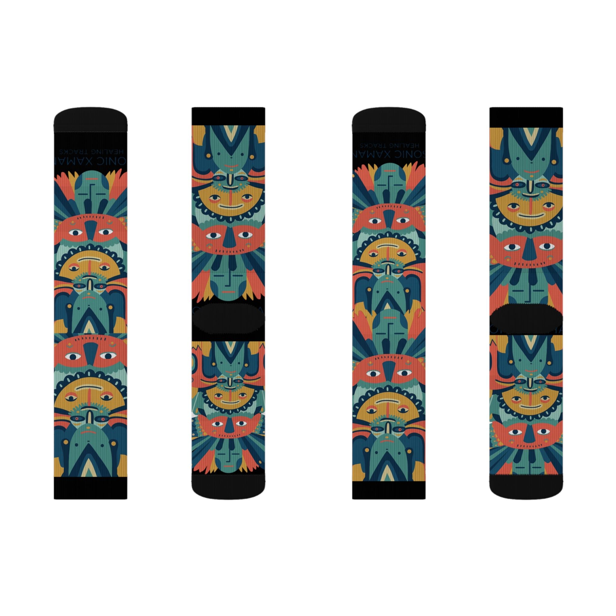 Colorful Tribal Mask Sublimation Socks — Vibrant Patterned Crew Socks